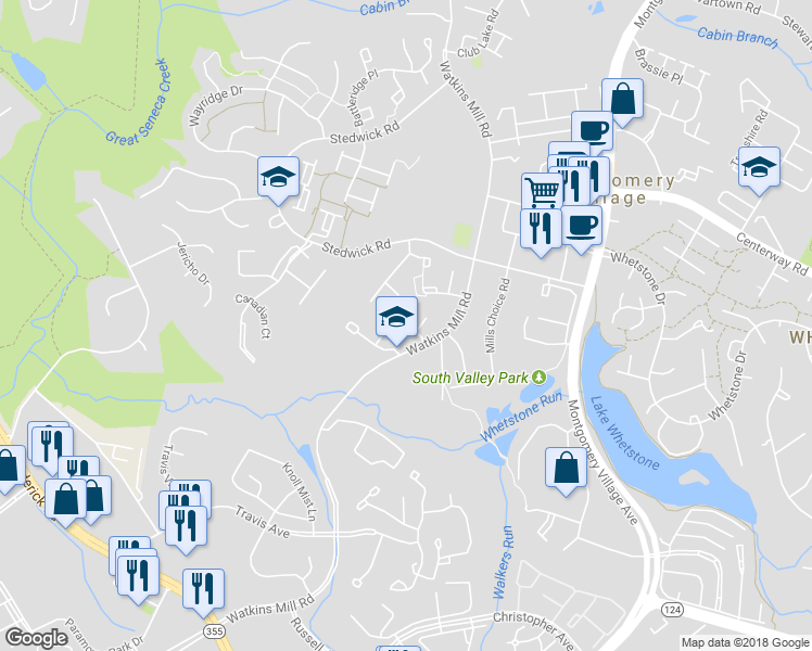 map of restaurants, bars, coffee shops, grocery stores, and more near 19016 Coltfield Court in Montgomery Village