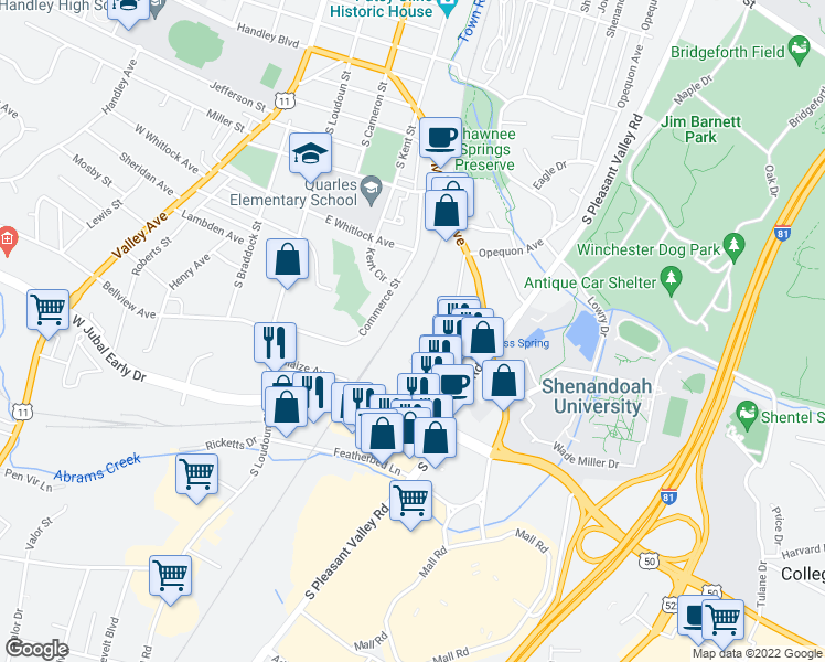 map of restaurants, bars, coffee shops, grocery stores, and more near 222 Spring Street in Winchester