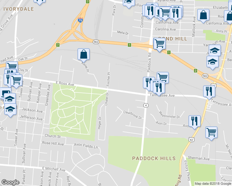 map of restaurants, bars, coffee shops, grocery stores, and more near 931 Tennessee Avenue in Cincinnati