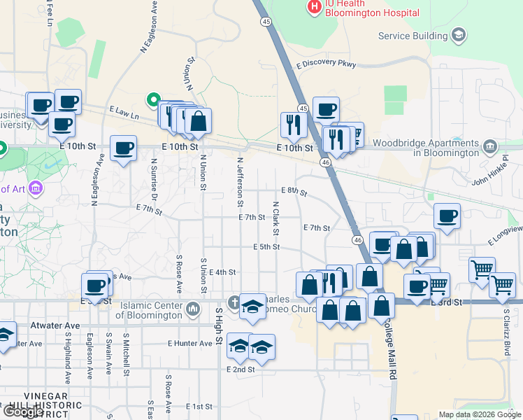 map of restaurants, bars, coffee shops, grocery stores, and more near 2210 East 7th Street in Bloomington