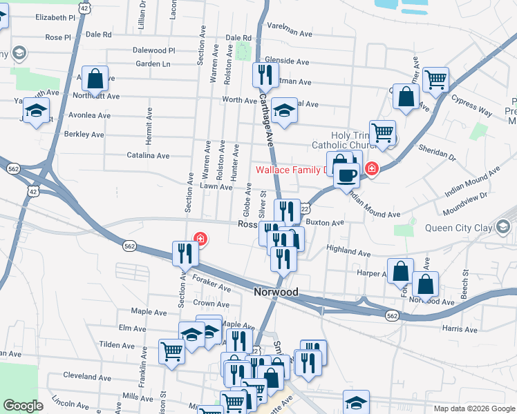 map of restaurants, bars, coffee shops, grocery stores, and more near 5121 Silver Street in Norwood