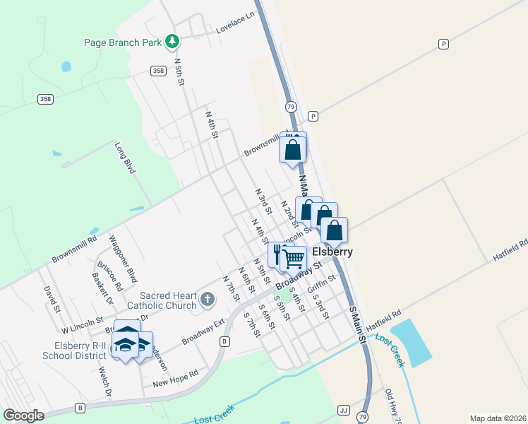 map of restaurants, bars, coffee shops, grocery stores, and more near 403 North 3rd Street in Elsberry
