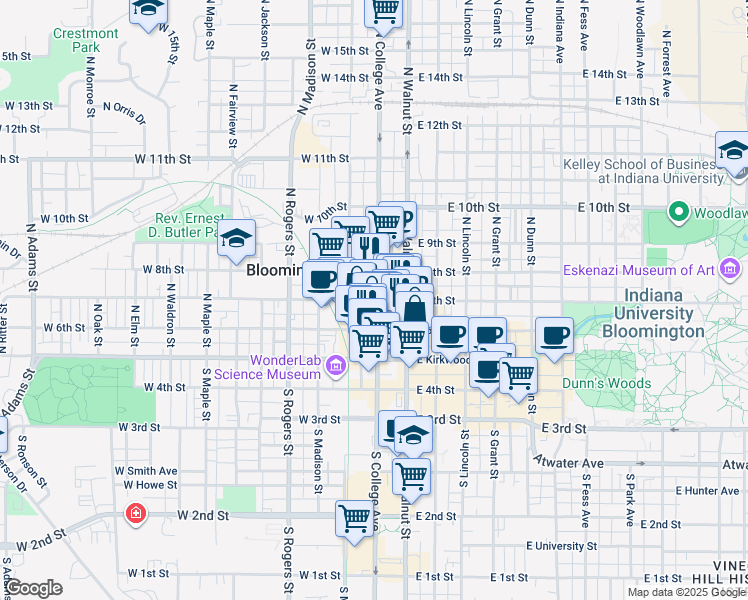 map of restaurants, bars, coffee shops, grocery stores, and more near 214 West 7th Street in Bloomington