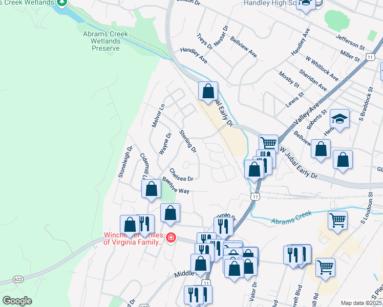 map of restaurants, bars, coffee shops, grocery stores, and more near 702 Sterling Drive in Winchester