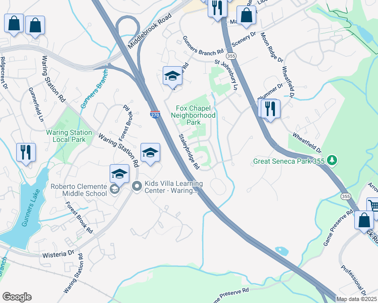 map of restaurants, bars, coffee shops, grocery stores, and more near 19067 Staleybridge Road in Germantown
