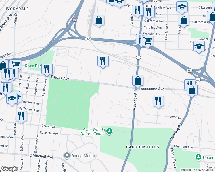 map of restaurants, bars, coffee shops, grocery stores, and more near 931 Tennessee Avenue in Cincinnati