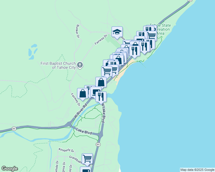 map of restaurants, bars, coffee shops, grocery stores, and more near 133 Mackinaw Road in Tahoe City