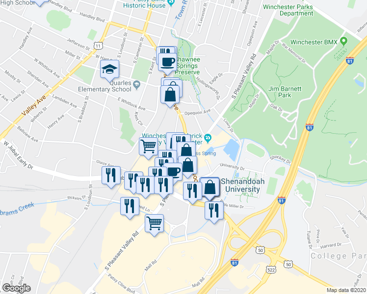 map of restaurants, bars, coffee shops, grocery stores, and more near 1517 South Pleasant Valley Road in Winchester