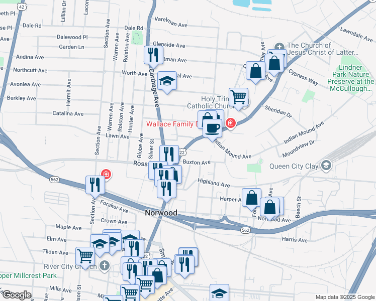 map of restaurants, bars, coffee shops, grocery stores, and more near 2238 Buxton Avenue in Norwood