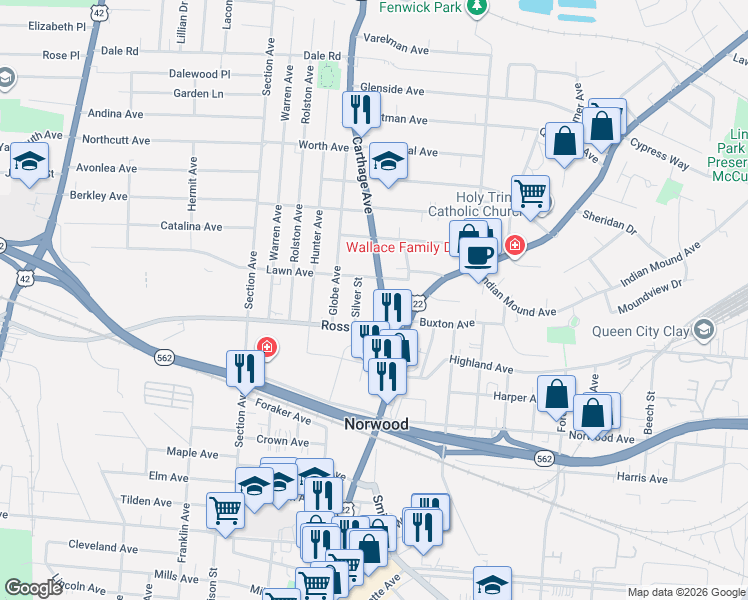 map of restaurants, bars, coffee shops, grocery stores, and more near 2130 Ross Avenue in Cincinnati