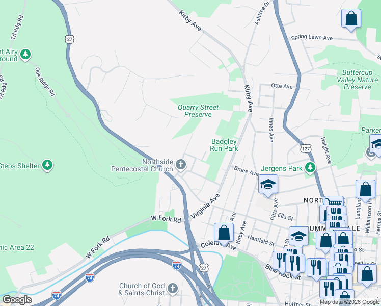 map of restaurants, bars, coffee shops, grocery stores, and more near 4259 Carlin Street in Cincinnati