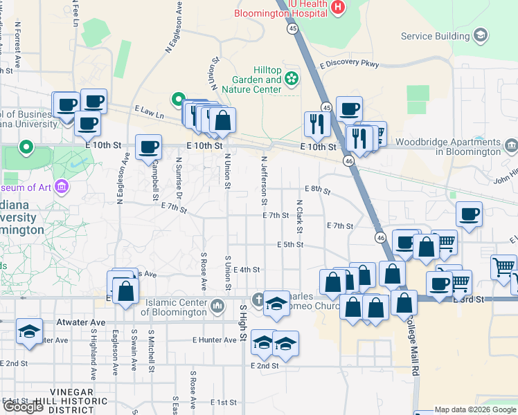 map of restaurants, bars, coffee shops, grocery stores, and more near 134 North Bryan Avenue in Bloomington