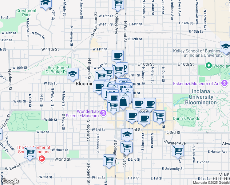 map of restaurants, bars, coffee shops, grocery stores, and more near 205 North College Avenue in Bloomington