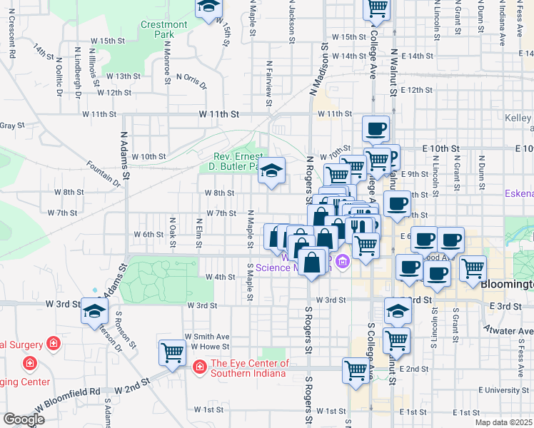 map of restaurants, bars, coffee shops, grocery stores, and more near 626 West 6th Street in Bloomington