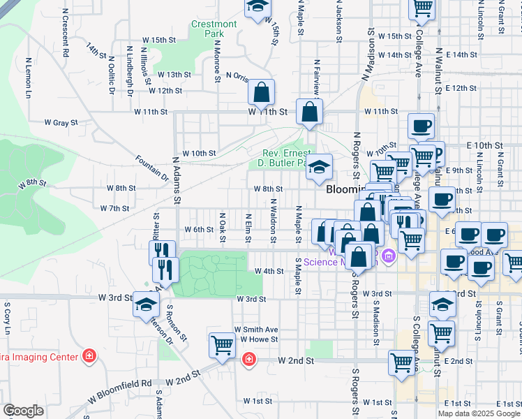 map of restaurants, bars, coffee shops, grocery stores, and more near 900 West 6th Street in Bloomington