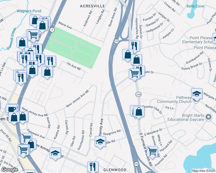 map of restaurants, bars, coffee shops, grocery stores, and more near 7307 Anon Lane in Glen Burnie