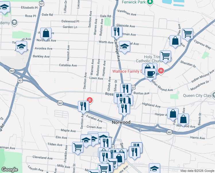 map of restaurants, bars, coffee shops, grocery stores, and more near 2100 Ross Avenue in Cincinnati