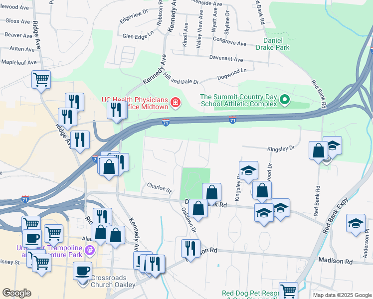 map of restaurants, bars, coffee shops, grocery stores, and more near 4308 Strathmore Drive in Cincinnati