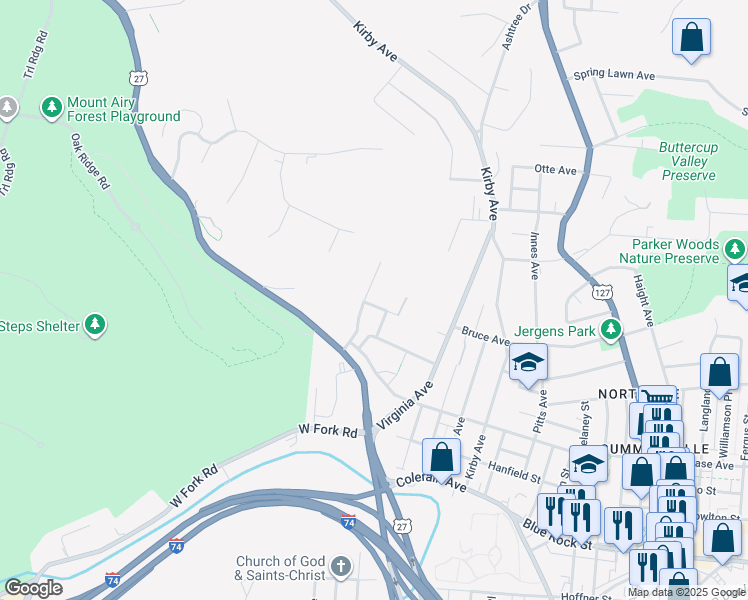 map of restaurants, bars, coffee shops, grocery stores, and more near 4259 Carlin Street in Cincinnati