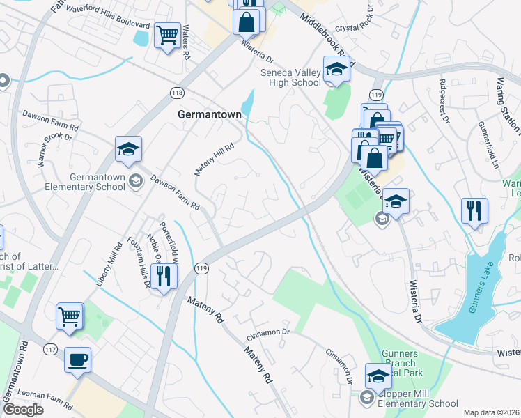 map of restaurants, bars, coffee shops, grocery stores, and more near 19026 Grotto Lane in Germantown