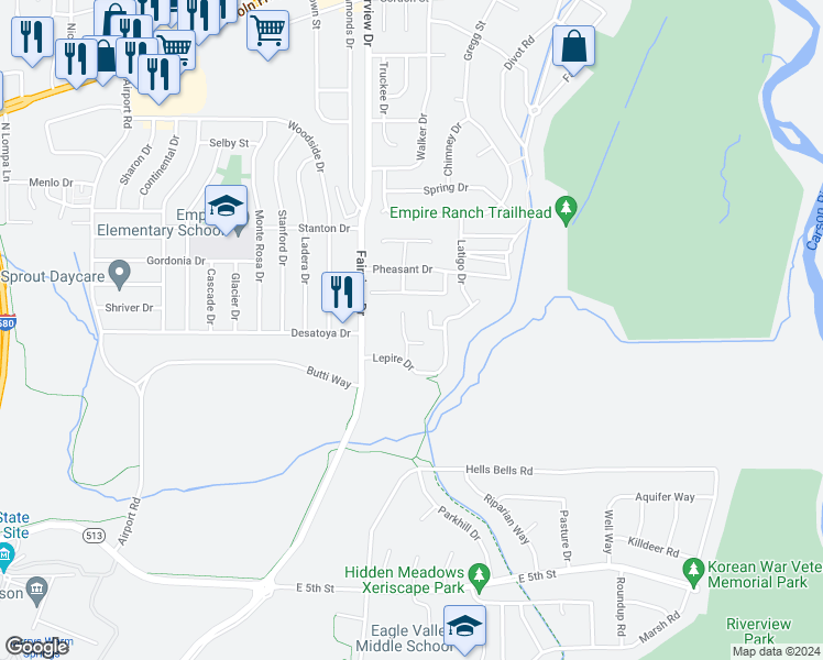 map of restaurants, bars, coffee shops, grocery stores, and more near 803 Cassidy Court in Carson City