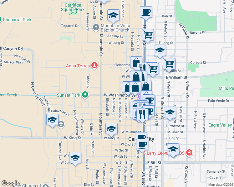 map of restaurants, bars, coffee shops, grocery stores, and more near 550 West Washington Street in Carson City