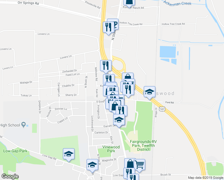 map of restaurants, bars, coffee shops, grocery stores, and more near 1416 North State Street in Ukiah