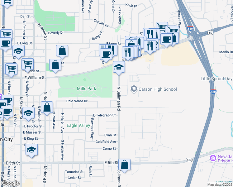 map of restaurants, bars, coffee shops, grocery stores, and more near 614 North Saliman Road in Carson City