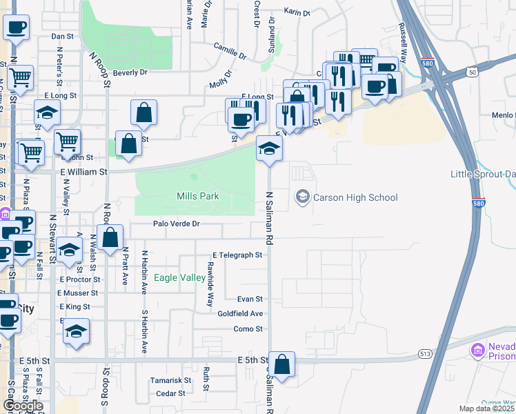 map of restaurants, bars, coffee shops, grocery stores, and more near 614 North Saliman Road in Carson City