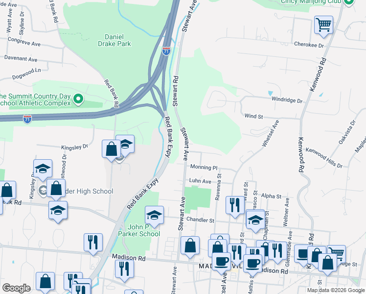 map of restaurants, bars, coffee shops, grocery stores, and more near 5529 Stewart Avenue in Cincinnati