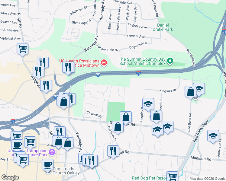 map of restaurants, bars, coffee shops, grocery stores, and more near 4308 Strathmore Drive in Cincinnati