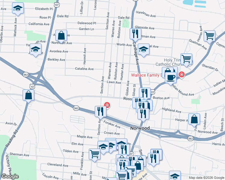 map of restaurants, bars, coffee shops, grocery stores, and more near 2042 Ross Avenue in Cincinnati