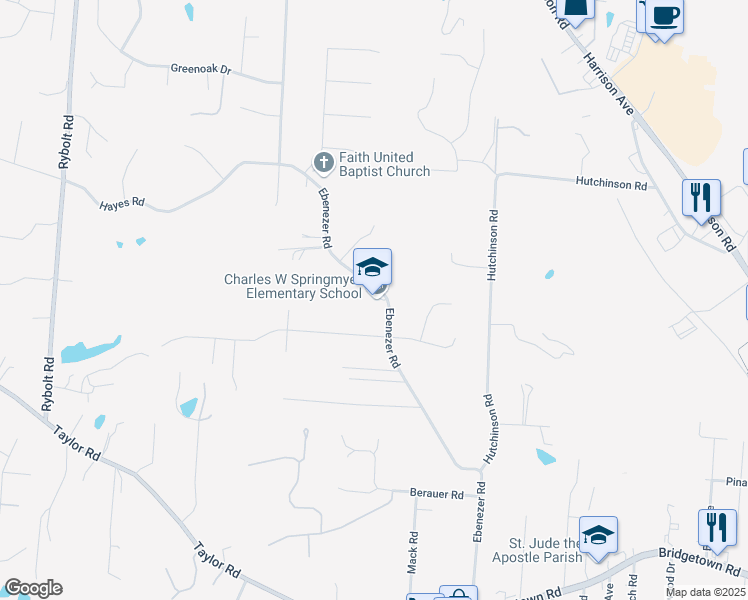 map of restaurants, bars, coffee shops, grocery stores, and more near 6306 Springmyer Drive in Cincinnati