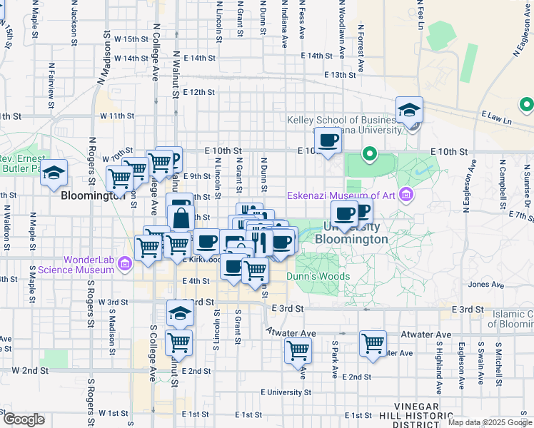 map of restaurants, bars, coffee shops, grocery stores, and more near 215 North Indiana Avenue in Bloomington