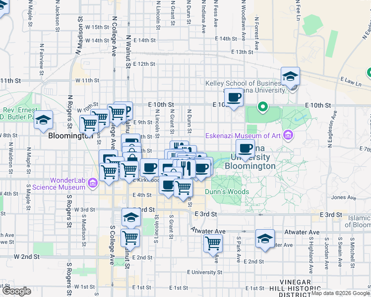 map of restaurants, bars, coffee shops, grocery stores, and more near 415 East 6th Street in Bloomington