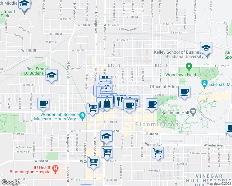 map of restaurants, bars, coffee shops, grocery stores, and more near 210 North Washington Street in Bloomington
