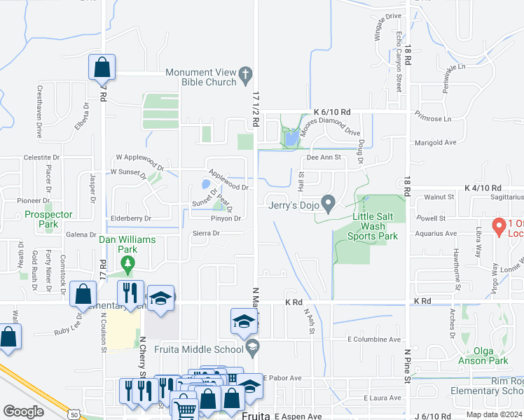 map of restaurants, bars, coffee shops, grocery stores, and more near 501 Sabil Drive in Fruita
