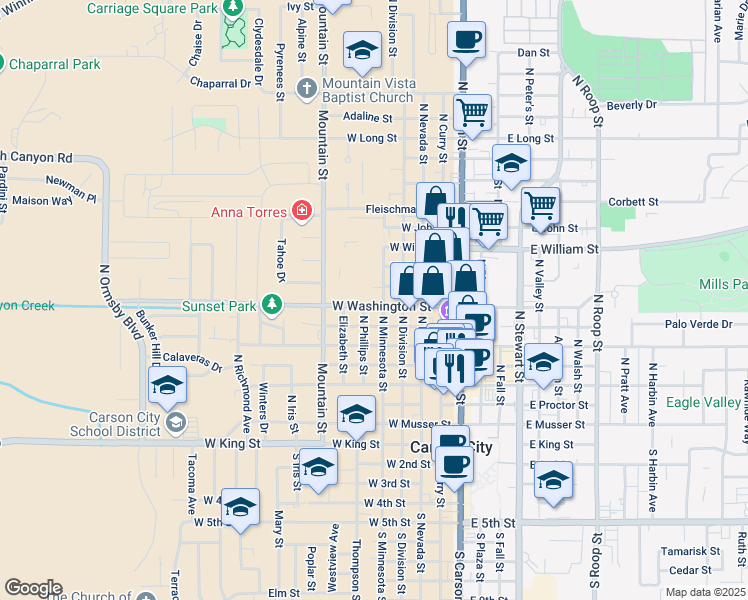 map of restaurants, bars, coffee shops, grocery stores, and more near 702 North Minnesota Street in Carson City