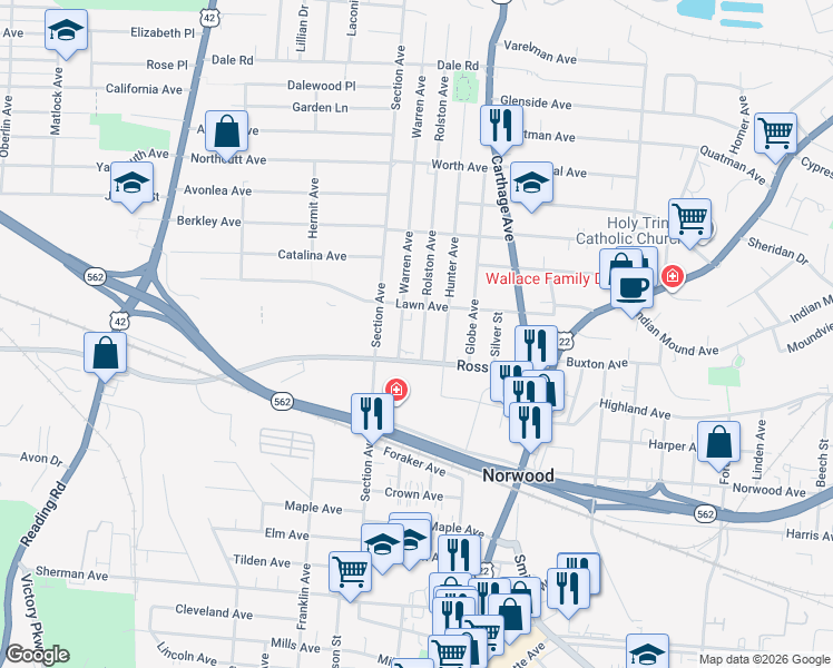 map of restaurants, bars, coffee shops, grocery stores, and more near 2042 Ross Avenue in Cincinnati