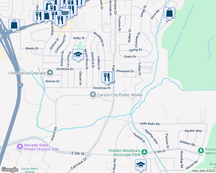 map of restaurants, bars, coffee shops, grocery stores, and more near 933 Woodside Drive in Carson City