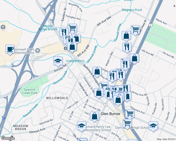 map of restaurants, bars, coffee shops, grocery stores, and more near 7410 Baltimore Annapolis Boulevard in Glen Burnie