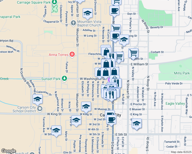 map of restaurants, bars, coffee shops, grocery stores, and more near 702 North Minnesota Street in Carson City