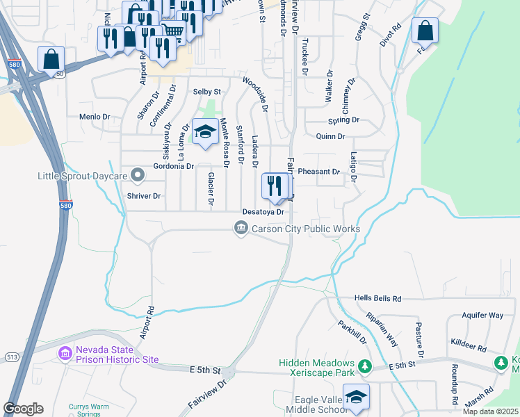 map of restaurants, bars, coffee shops, grocery stores, and more near 3673 Desatoya Drive in Carson City