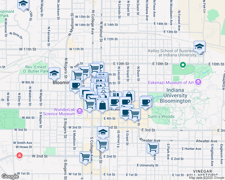 map of restaurants, bars, coffee shops, grocery stores, and more near 210 North Washington Street in Bloomington