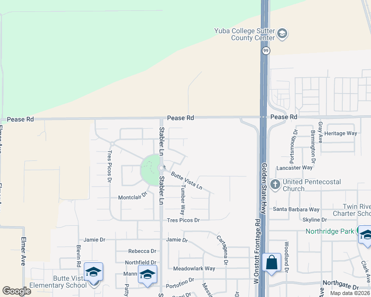map of restaurants, bars, coffee shops, grocery stores, and more near 1061 Tres Picos Drive in Yuba City
