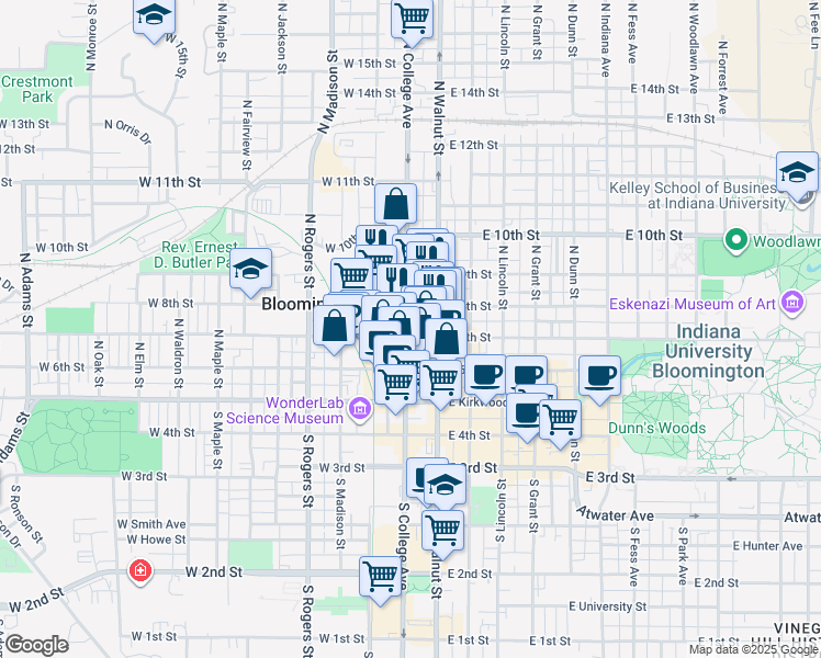 map of restaurants, bars, coffee shops, grocery stores, and more near 316 North College Avenue in Bloomington