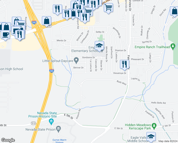 map of restaurants, bars, coffee shops, grocery stores, and more near 3266 Desatoya Drive in Carson City