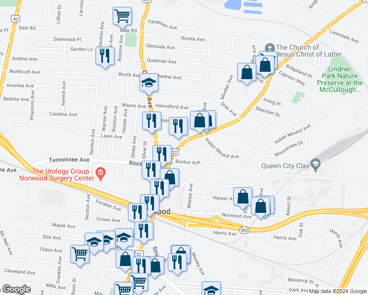 map of restaurants, bars, coffee shops, grocery stores, and more near 5159 Montgomery Road in Norwood