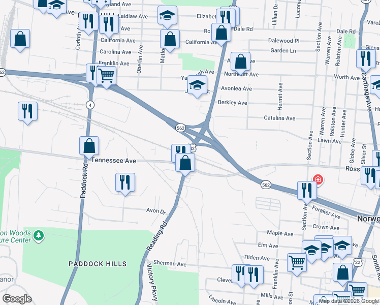 map of restaurants, bars, coffee shops, grocery stores, and more near Norwood Lateral Parkway in Cincinnati