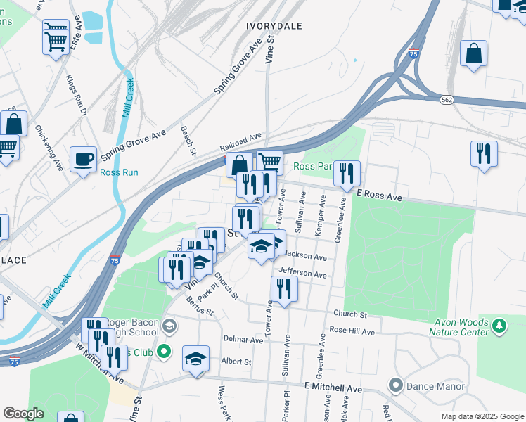 map of restaurants, bars, coffee shops, grocery stores, and more near 4828 Vine Street in Cincinnati